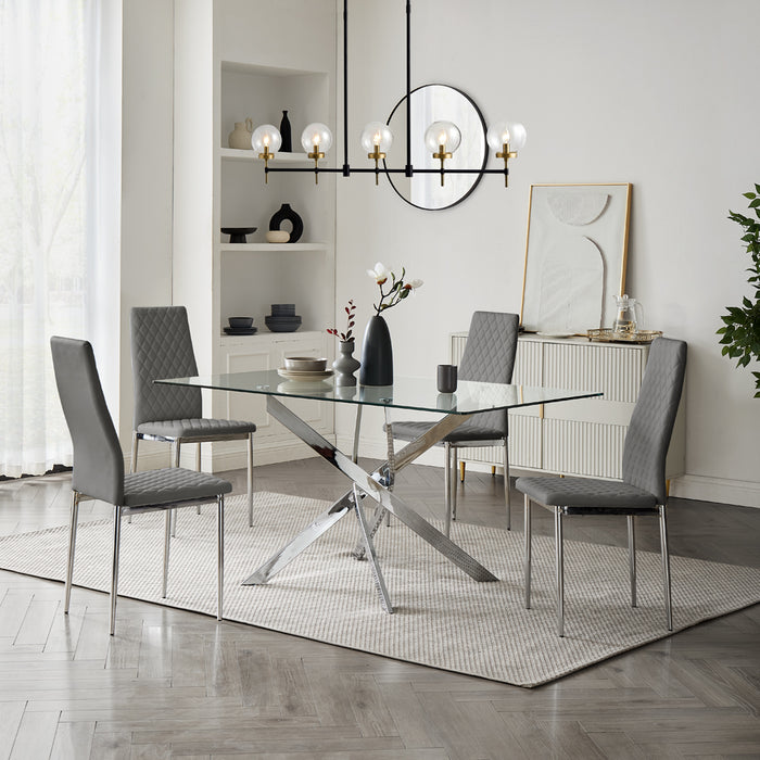 Lucia Rectangular Glass Dining Table & 4 Sierra Chairs, Grey Chair with Silver Legs