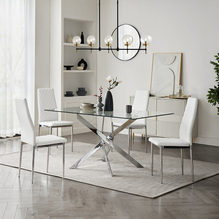 Lucia Rectangular Glass Dining Table & 4 Sierra Chairs, White Chair with Silver Legs