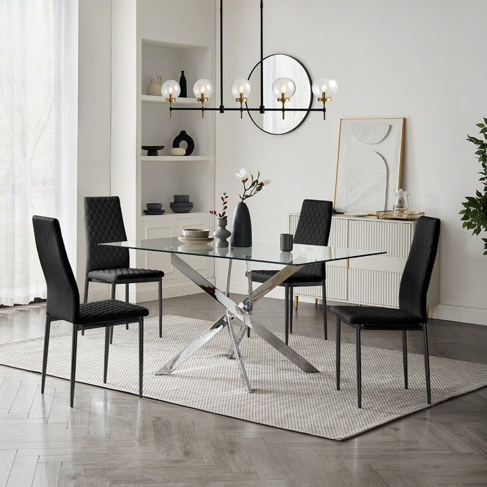 Lucia Rectangular Glass Dining Table & 4 Sierra Chairs, Black Chair with Black Legs