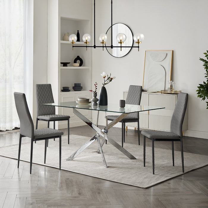 Lucia Rectangular Glass Dining Table & 4 Sierra Chairs, Grey Chair with Black Legs