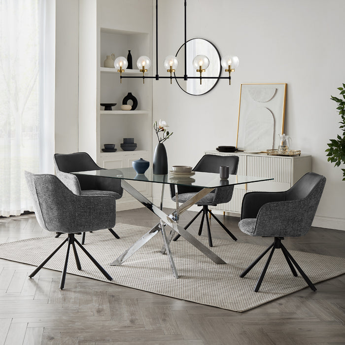 Lucia Rectangular Glass Dining Table & 4 Porto Chairs, Grey Two Tone Fabric