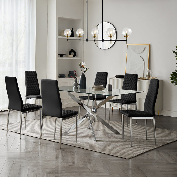 Lucia Rectangular Glass Dining Table & 6 Sierra Chairs, Black Chair with Silver Legs