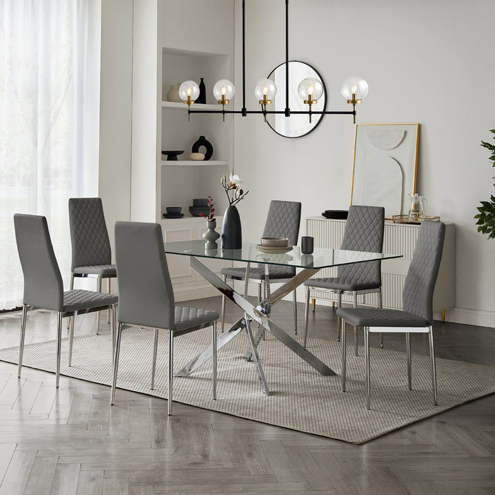 Lucia Rectangular Glass Dining Table & 6 Sierra Chairs, Grey Chair with Silver Legs