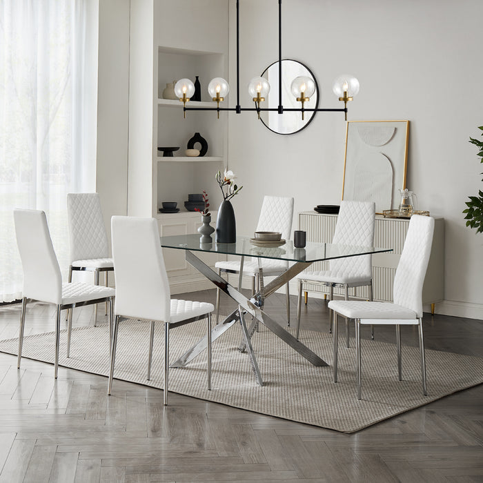 Lucia Rectangular Glass Dining Table & 6 Sierra Chairs, White Chair with Silver Legs