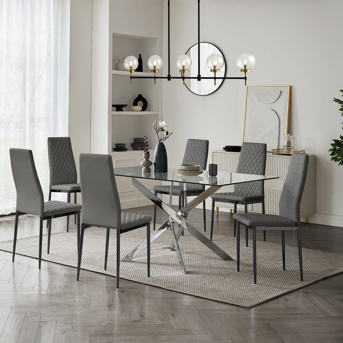 Lucia Rectangular Glass Dining Table & 6 Sierra Chairs, Grey Chair with Black Legs