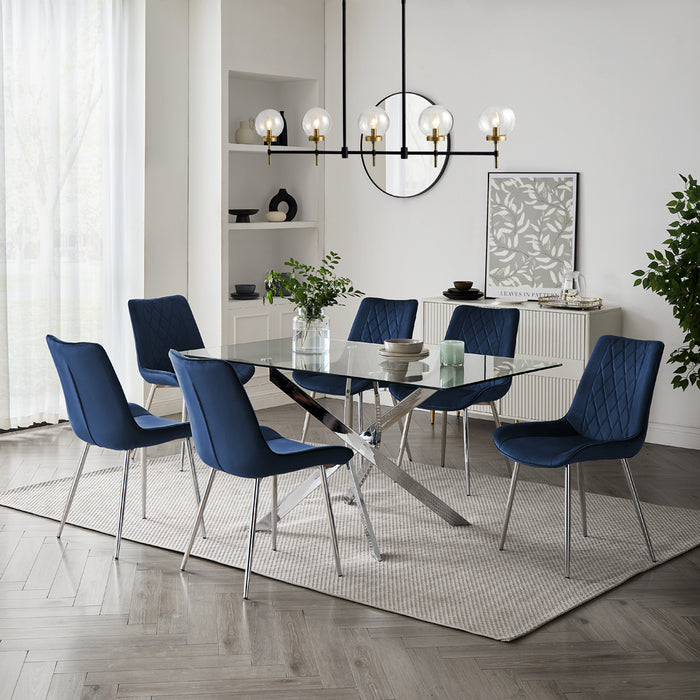 Lucia Rectangular Glass Dining Table & 6 Almeria Chairs, Blue Chair with Silver Legs