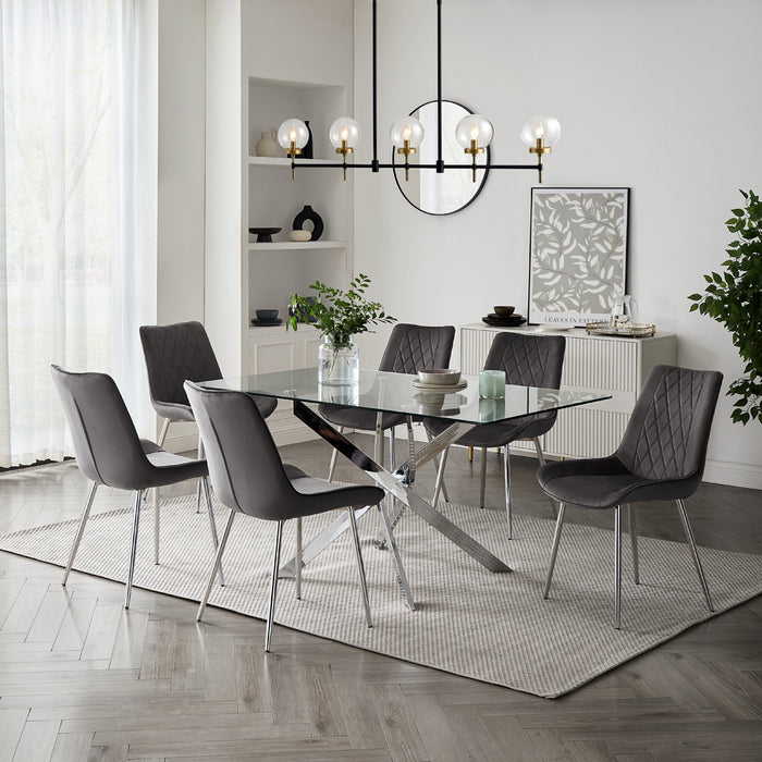 Lucia Rectangular Glass Dining Table & 6 Almeria Chairs, Grey Chair with Silver Legs