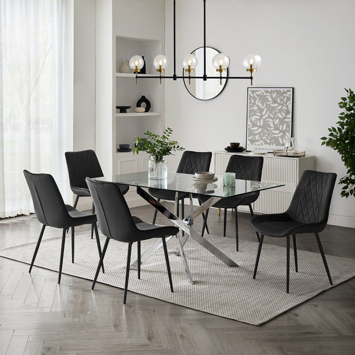 Lucia Rectangular Glass Dining Table & 6 Almeria Chairs, Black Chair with Black Legs