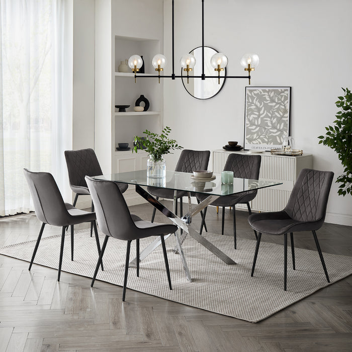 Lucia Rectangular Glass Dining Table & 6 Almeria Chairs, Grey Chair with Black Legs