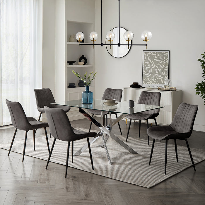 Lucia Rectangular Glass Dining Table & 6 Girona Chairs, Grey Velvet