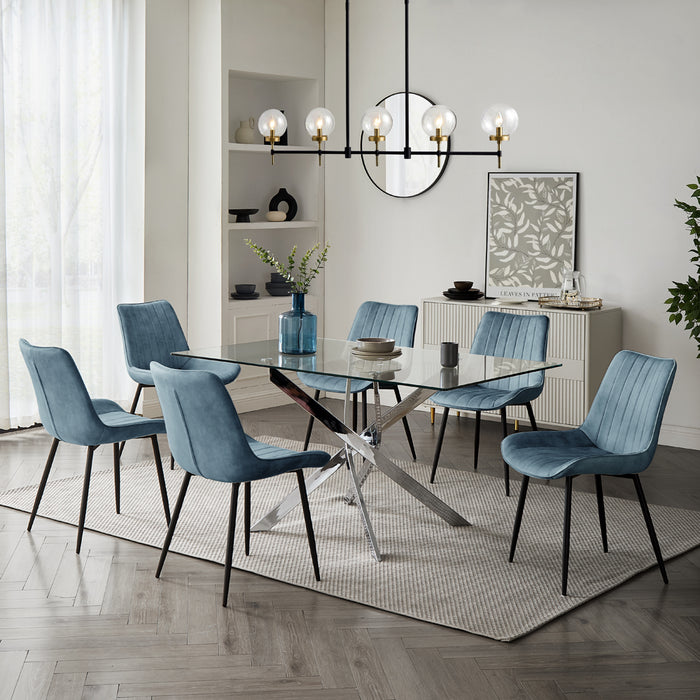 Lucia Rectangular Glass Dining Table & 6 Girona Chairs, Blue Velvet