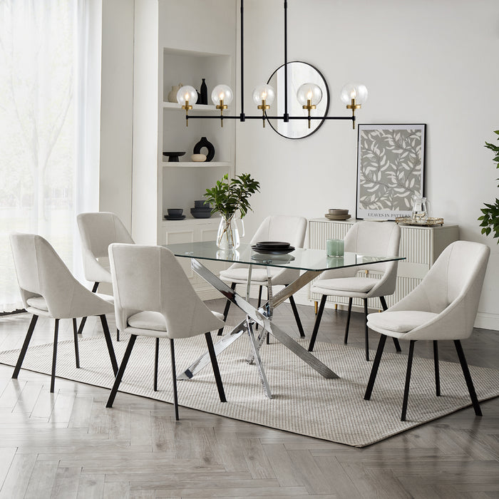 Lucia Rectangular Glass Dining Table & 6 Bilbao Chairs, Ivory Fabric