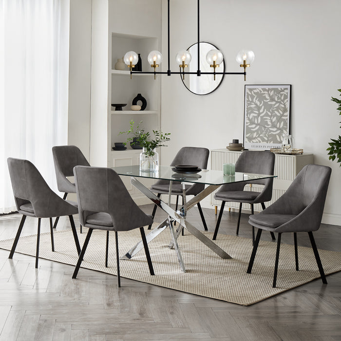 Lucia Rectangular Glass Dining Table & 6 Bilbao Chairs, Grey Velvet