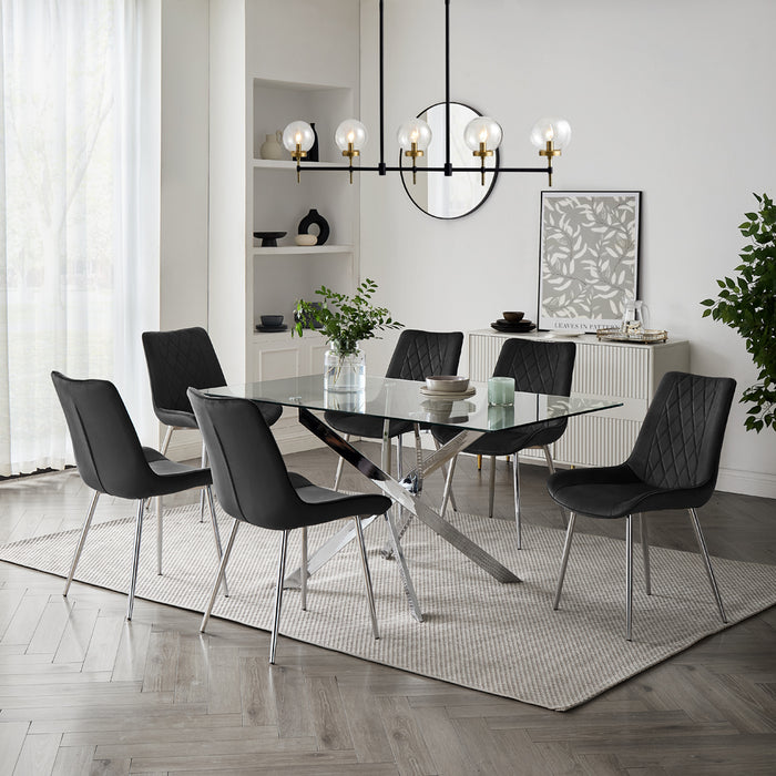 Lucia Rectangular Glass Dining Table & 6 Almeria Chairs, Black Chair with Silver Legs