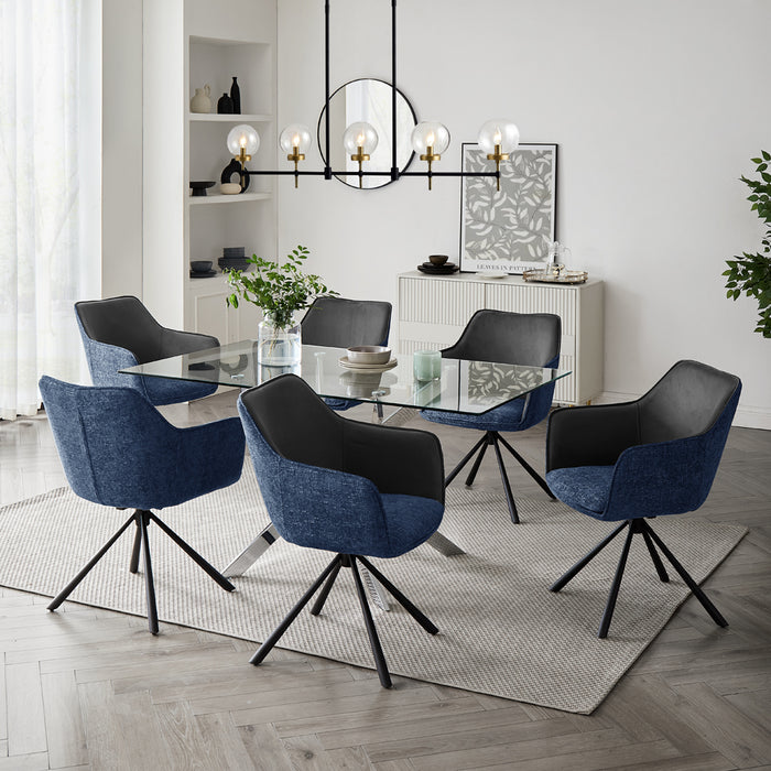 Lucia Rectangular Glass Dining Table & 6 Porto Chairs, Grey/Blue Two Tone Fabric