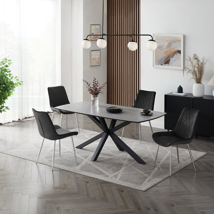 Verona Grey 150cm Ceramic Dining Table & 4 Almeria Chairs, Black Chair with Silver Legs