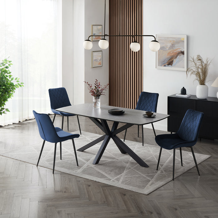 Verona Grey 150cm Ceramic Dining Table & 4 Almeria Chairs, Blue Chair with Black Legs