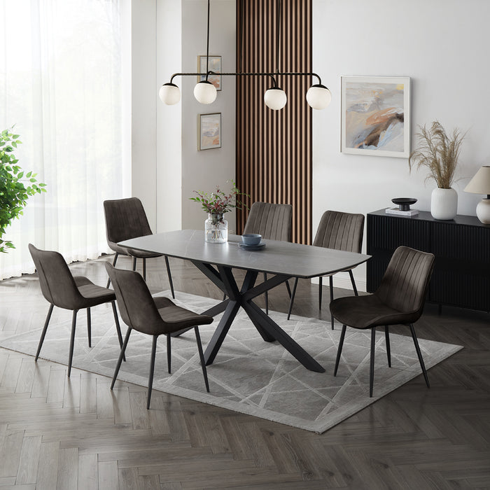 Verona Grey 180cm Ceramic Dining Table & 6 Girona Chairs, Grey Velvet Chair