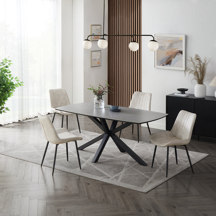 Verona Grey 150cm Ceramic Dining Table & 4 Girona Chairs, Cream Velvet Chair