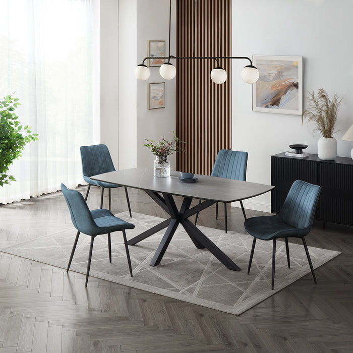 Verona Grey 150cm Ceramic Dining Table & 4 Girona Chairs, Blue Velvet Chair