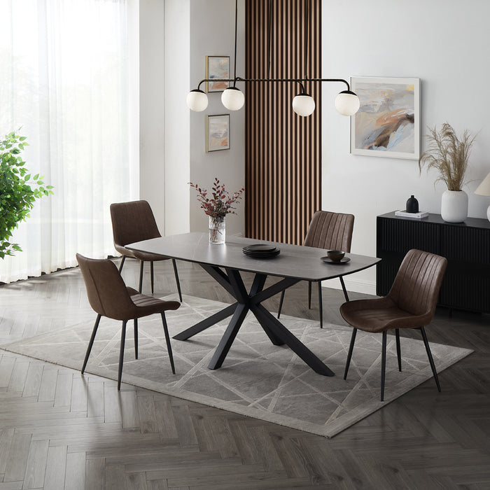 Verona Grey 150cm Ceramic Dining Table & 4 Girona Chairs, Brown Faux Leather Chair