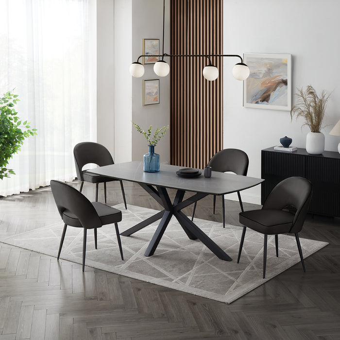 Verona Grey 150cm Ceramic Dining Table & 4 Tiago Chairs, Black Velvet