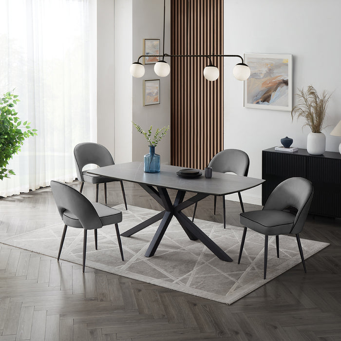 Verona Grey 150cm Ceramic Dining Table & 4 Tiago Chairs, Grey Velvet