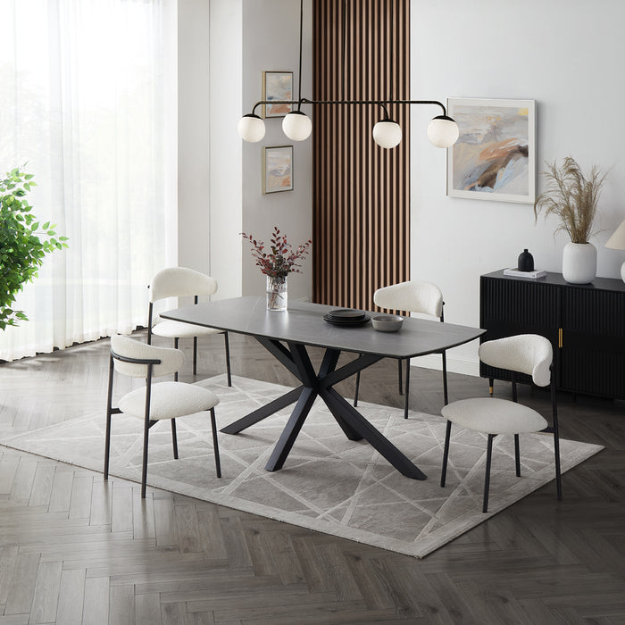 Verona Grey 150cm Ceramic Dining Table & 4 Elda Chairs, White Boucle