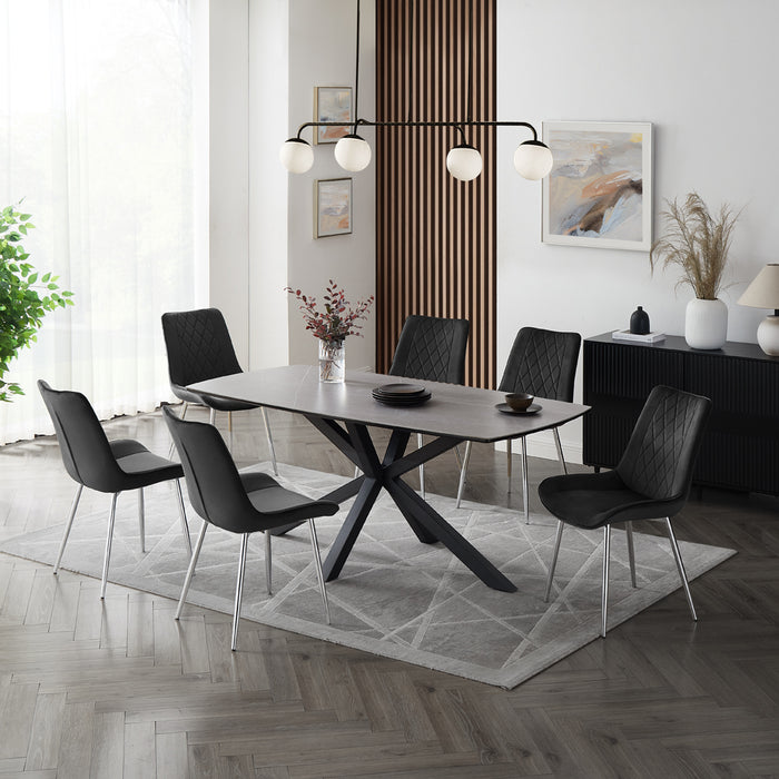 Verona Grey 180cm Ceramic Dining Table & 6 Almeria Chairs, Black Chair with Silver Legs