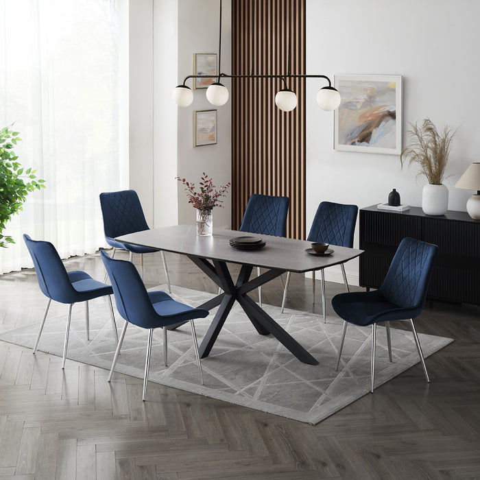 Verona Grey 150cm Ceramic Dining Table & 6 Almeria Chairs, Blue Chair with Silver Legs