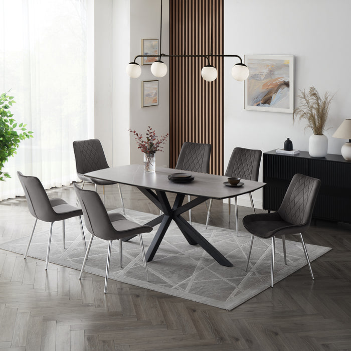 Verona Grey 150cm Ceramic Dining Table & 6 Almeria Chairs, Grey Chair with Silver Legs