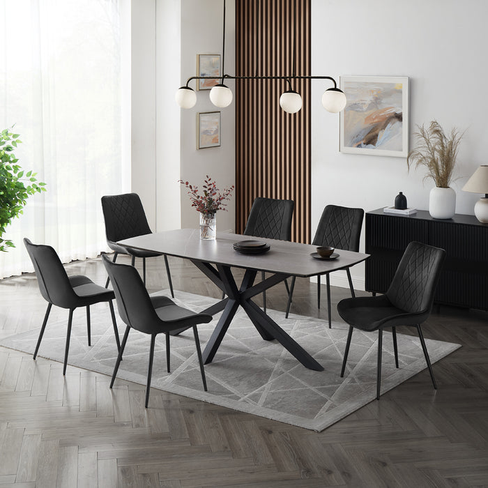 Verona Grey 180cm Ceramic Dining Table & 6 Almeria Chairs, Black Chair with Black Legs