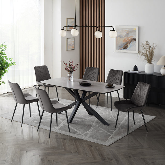 Verona Grey 180cm Ceramic Dining Table & 6 Almeria Chairs, Grey Chair with Black Legs