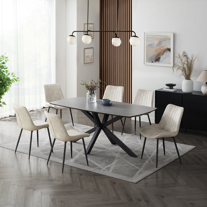 Verona Grey 150cm Ceramic Dining Table & 6 Girona Chairs, Cream Velvet Chair