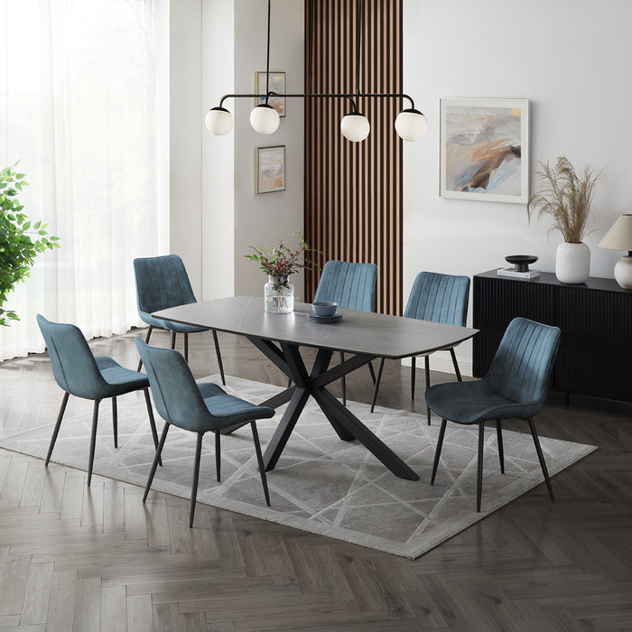 Verona Grey 180cm Ceramic Dining Table & 6 Girona Chairs, Blue Velvet Chair