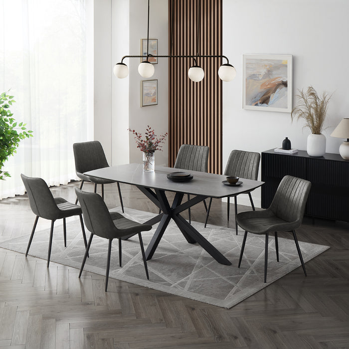 Verona Grey 180cm Ceramic Dining Table & 6 Girona Chairs, Grey Faux Leather Chair