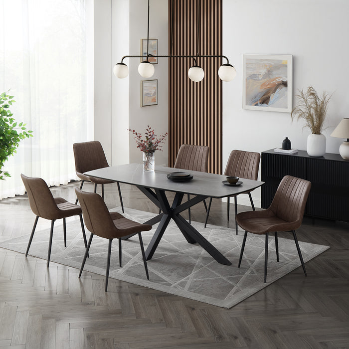 Verona Grey 180cm Ceramic Dining Table & 6 Girona Chairs, Brown Faux Leather Chair