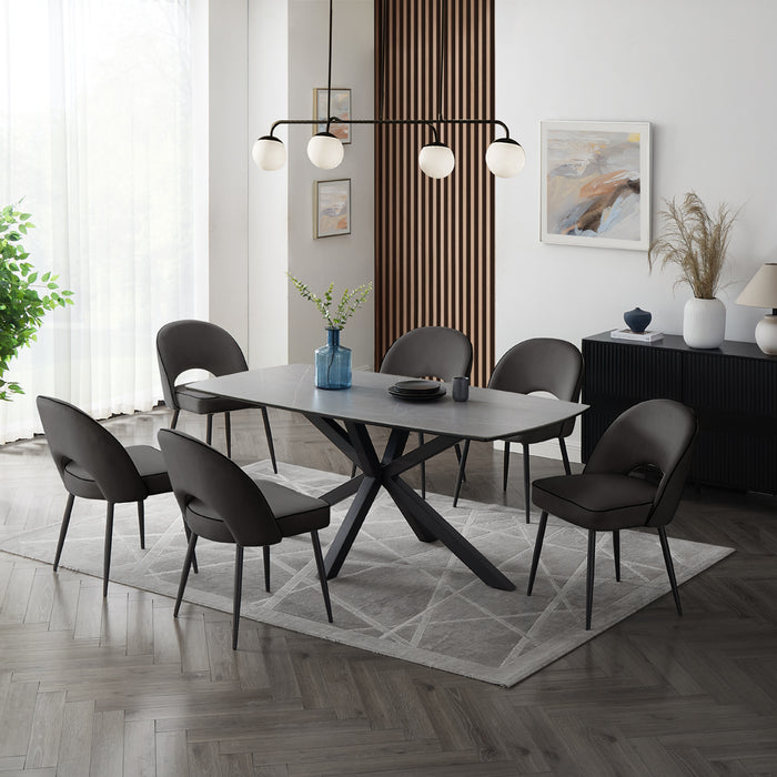 Verona Grey 150cm Ceramic Dining Table & 6 Tiago Chairs, Black Velvet