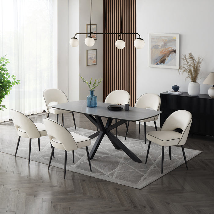 Verona Grey 150cm Ceramic Dining Table & 6 Tiago Chairs, Ivory Velvet