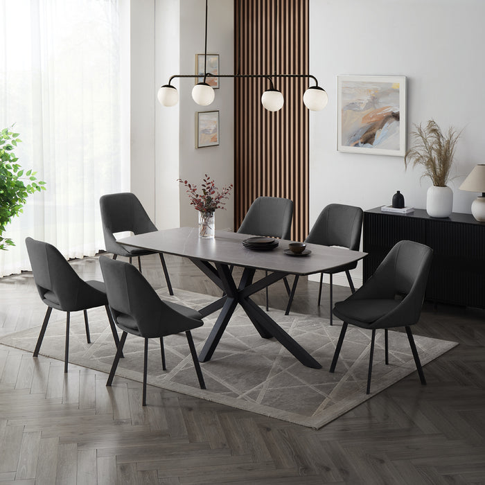 Verona Grey 180cm Ceramic Dining Table & 6 Bilbao Chairs, Dark Grey Fabric