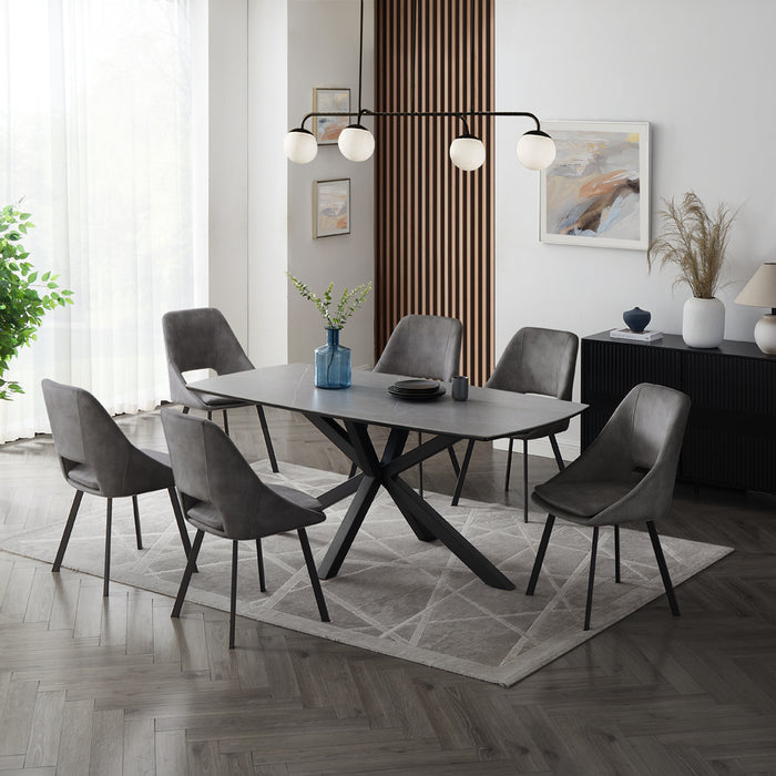 Verona Grey 150cm Ceramic Dining Table & 6 Bilbao Chairs, Dark Grey Velvet