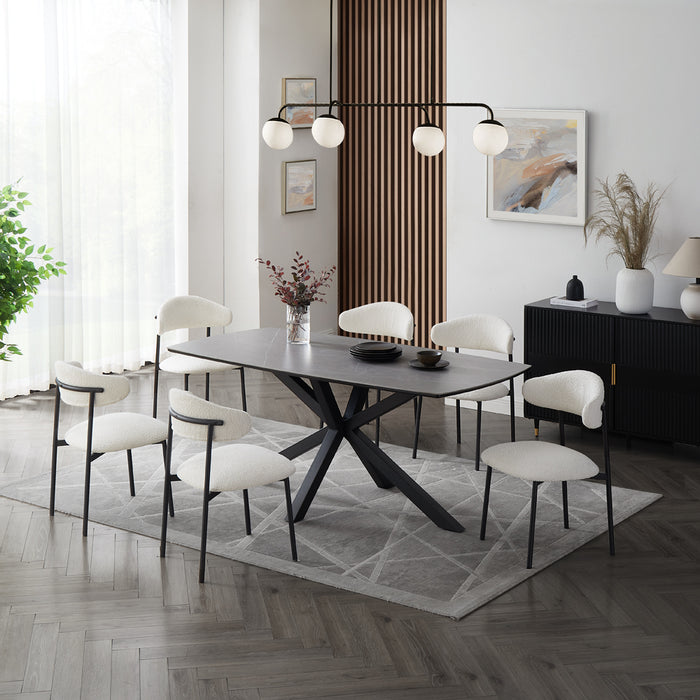 Verona Grey 180cm Ceramic Dining Table & 6 Elda Chairs, White Boucle