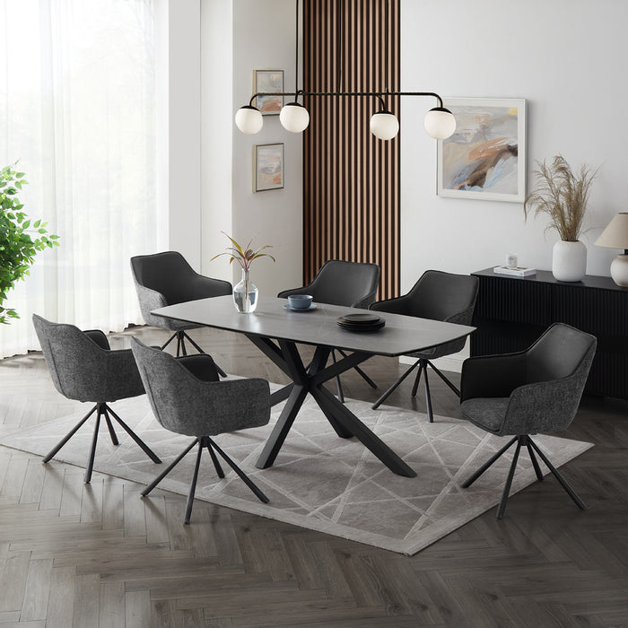 Verona Grey 180cm Ceramic Dining Table & 6 Porto Swivel Chairs, Grey