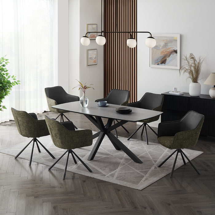 Verona Grey 180cm Ceramic Dining Table & 6 Porto Swivel Chairs, Grey/Green