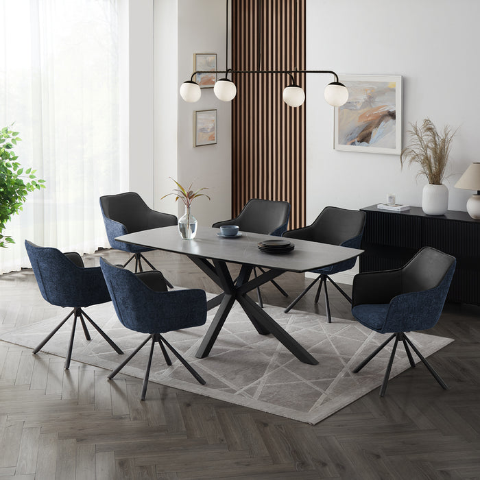 Verona Grey 180cm Ceramic Dining Table & 6 Porto Swivel Chairs, Grey/Blue