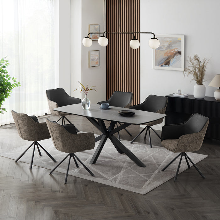 Verona Grey 150cm Ceramic Dining Table & 6 Porto Swivel Chairs, Grey/Beige