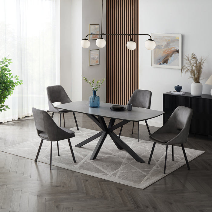 Verona Grey 150cm Ceramic Dining Table & 4 Bilbao Chairs, Dark Grey Velvet