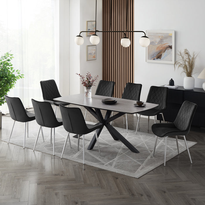 Verona Grey 180cm Ceramic Dining Table & 8 Almeria Chairs, Black Chair with Silver Legs