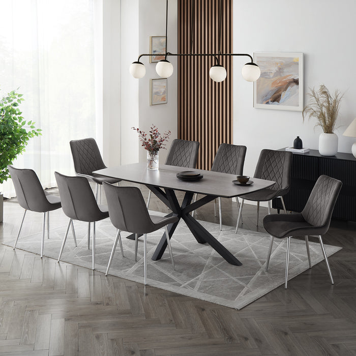 Verona Grey 180cm Ceramic Dining Table & 8 Almeria Chairs, Grey Chair with Silver Legs