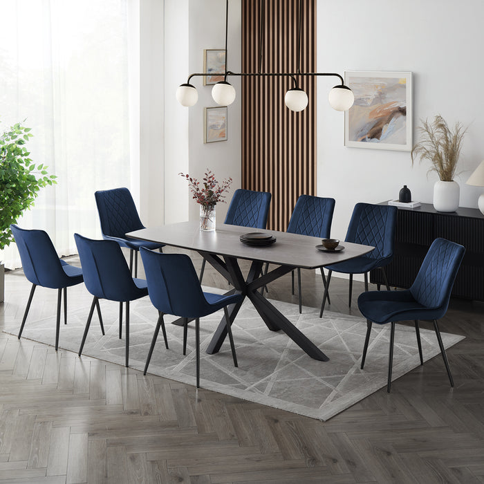 Verona Grey 180cm Ceramic Dining Table & 8 Almeria Chairs, Blue Chair with Black Legs